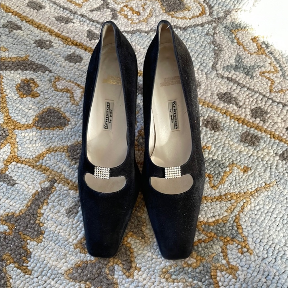 Elegant Black Suede Women's Herls with Rhinestone Detail Size 38.5